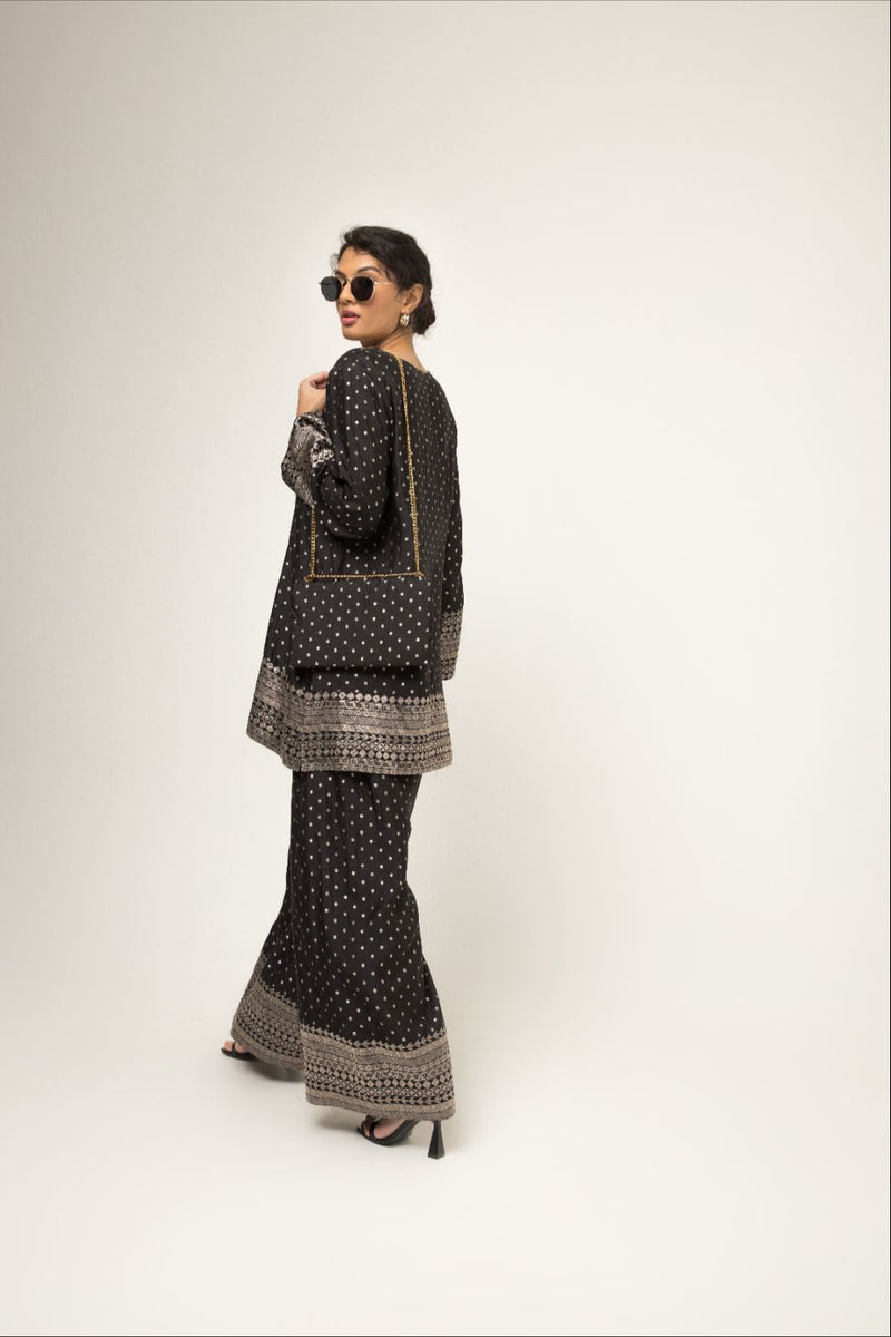 Sitara-Dotted Silk Kurta Set - Black