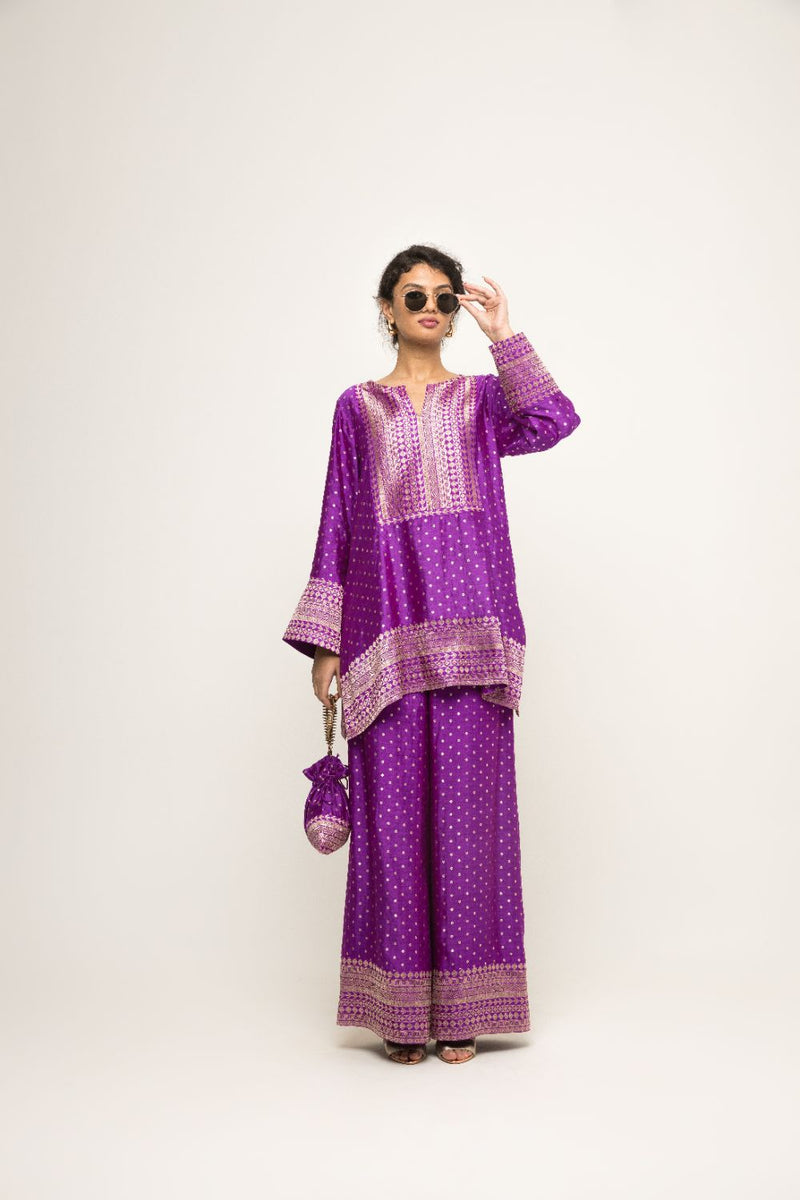 Sitara-Dotted Silk Kurta Set - Purple