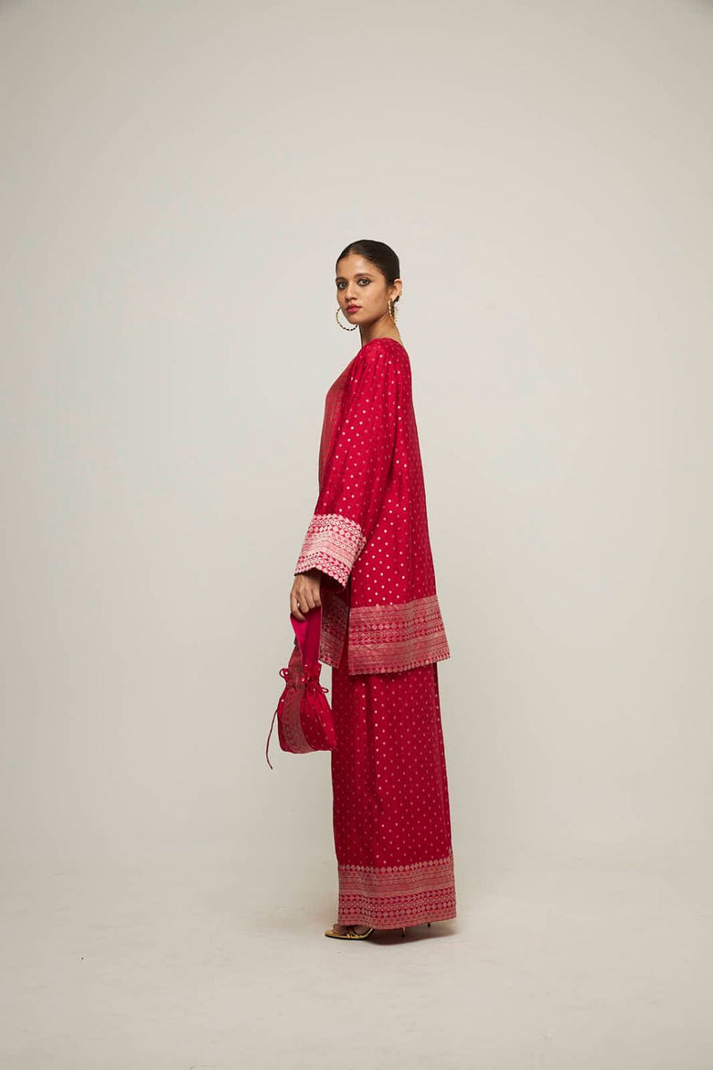 Sitara-Dotted Silk Kurta Set - Red