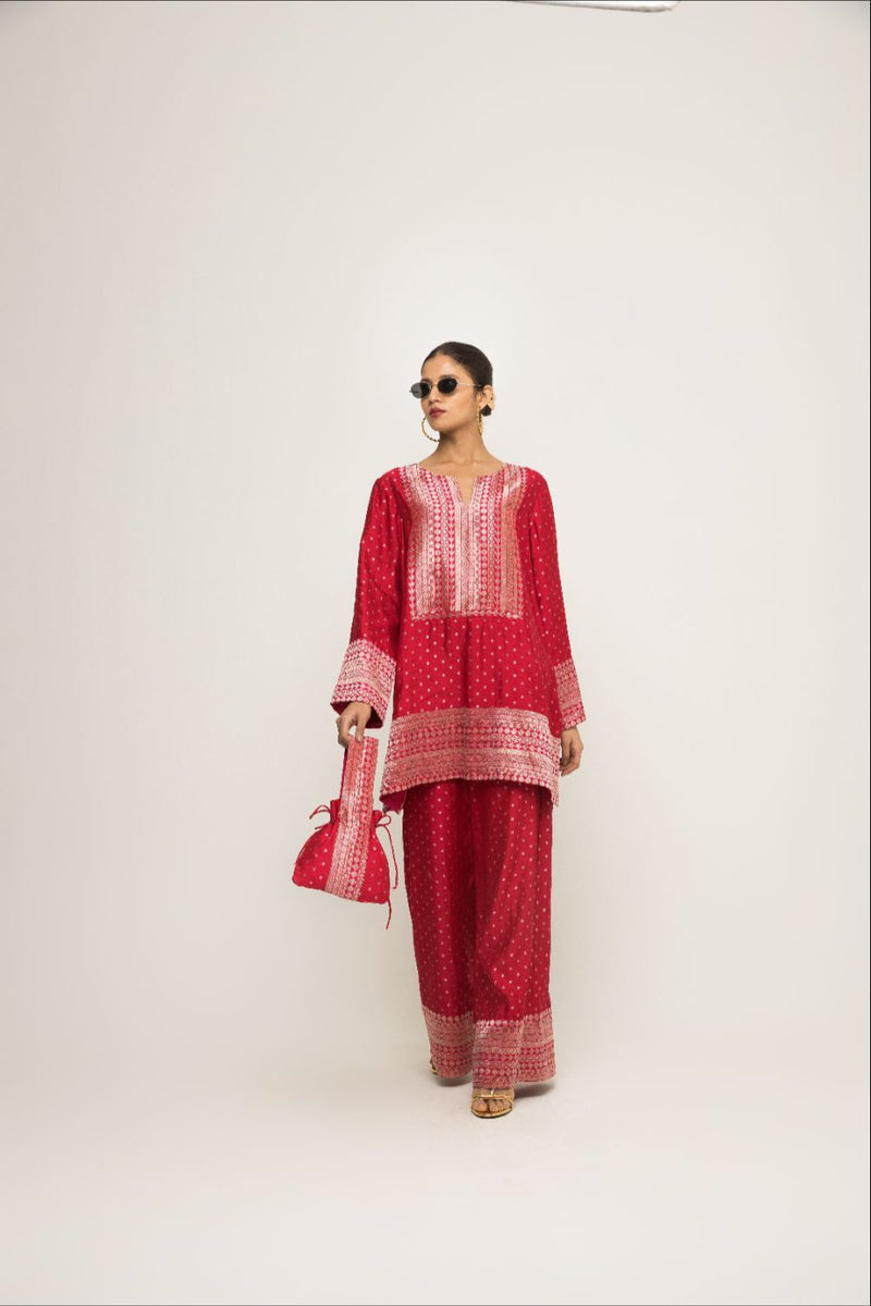 Sitara-Dotted Silk Kurta Set - Red
