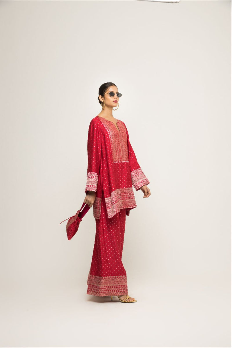 Sitara-Dotted Silk Kurta Set - Red