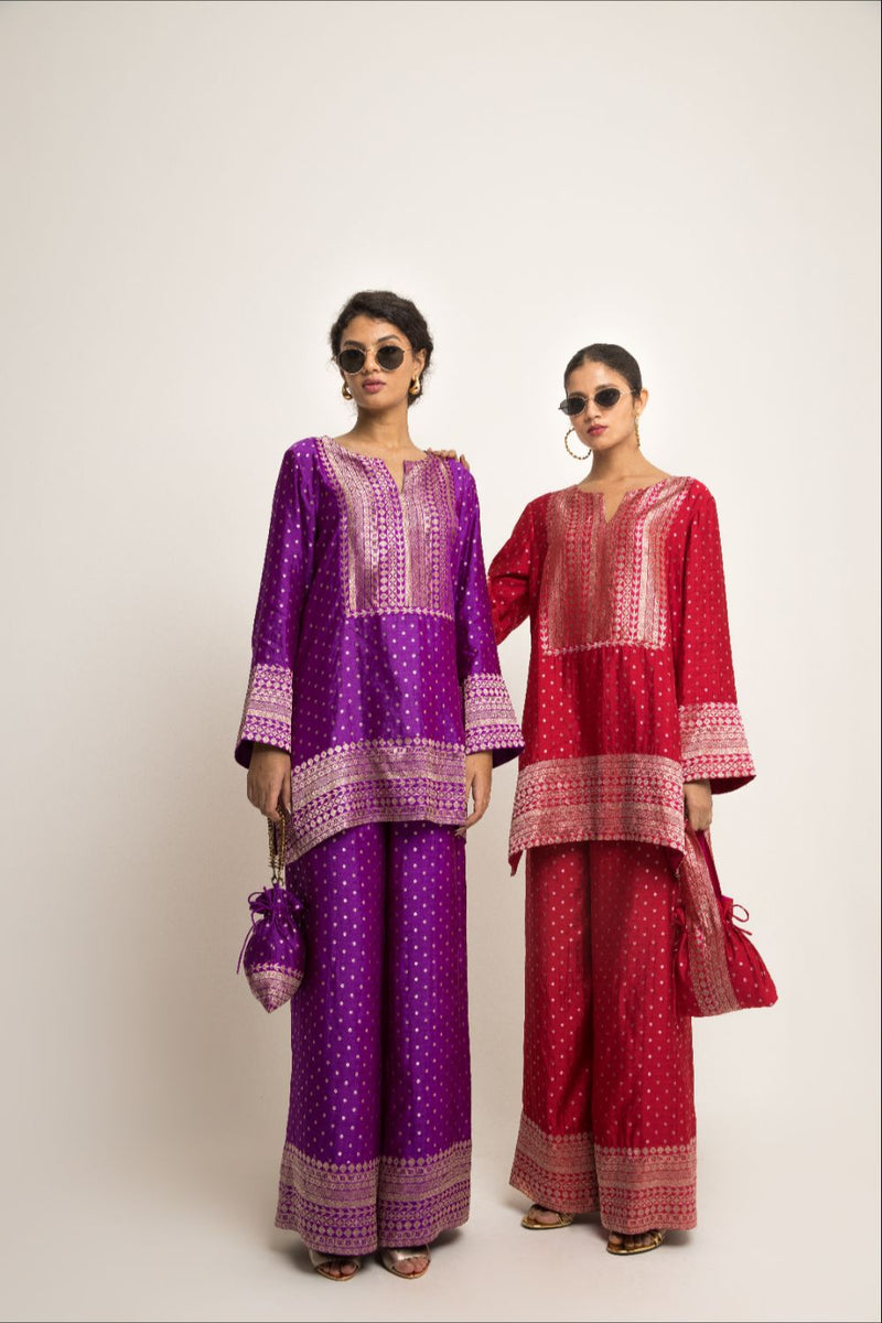Sitara-Dotted Silk Kurta Set - Red