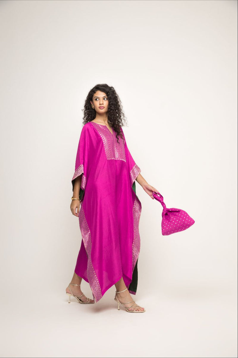 Siya- Silk Kaftan With Brocade Detail - Pink