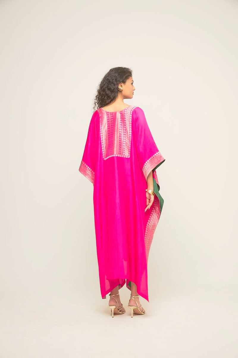Siya- Silk Kaftan With Brocade Detail - Pink