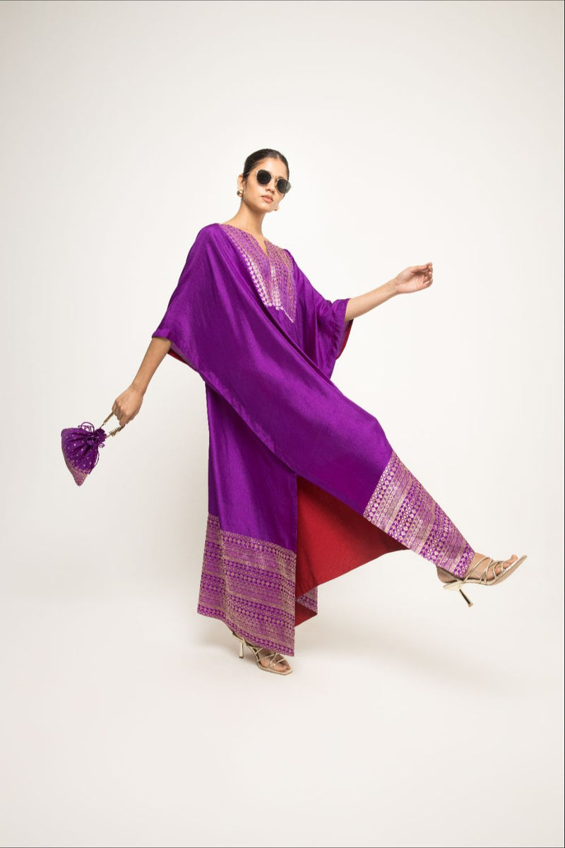 Siya- Silk Kaftan With Brocade Detail - Purple