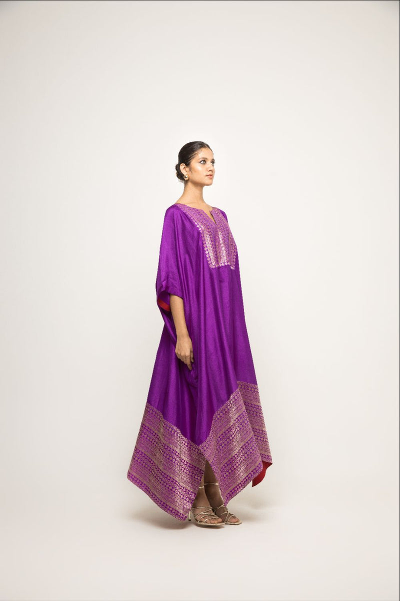 Siya- Silk Kaftan With Brocade Detail - Purple