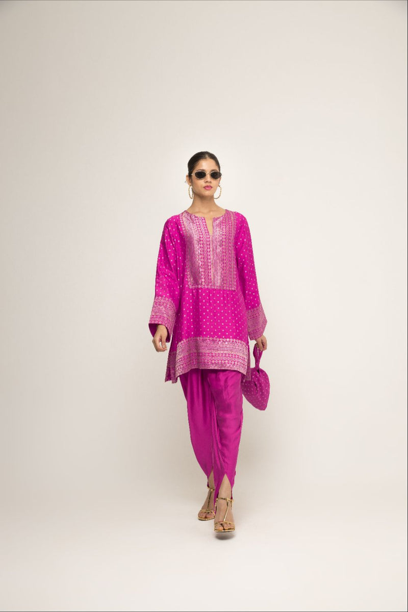 Tara- Dotted Brocade Detail Silk Kurta With Dhoti Set - Pink