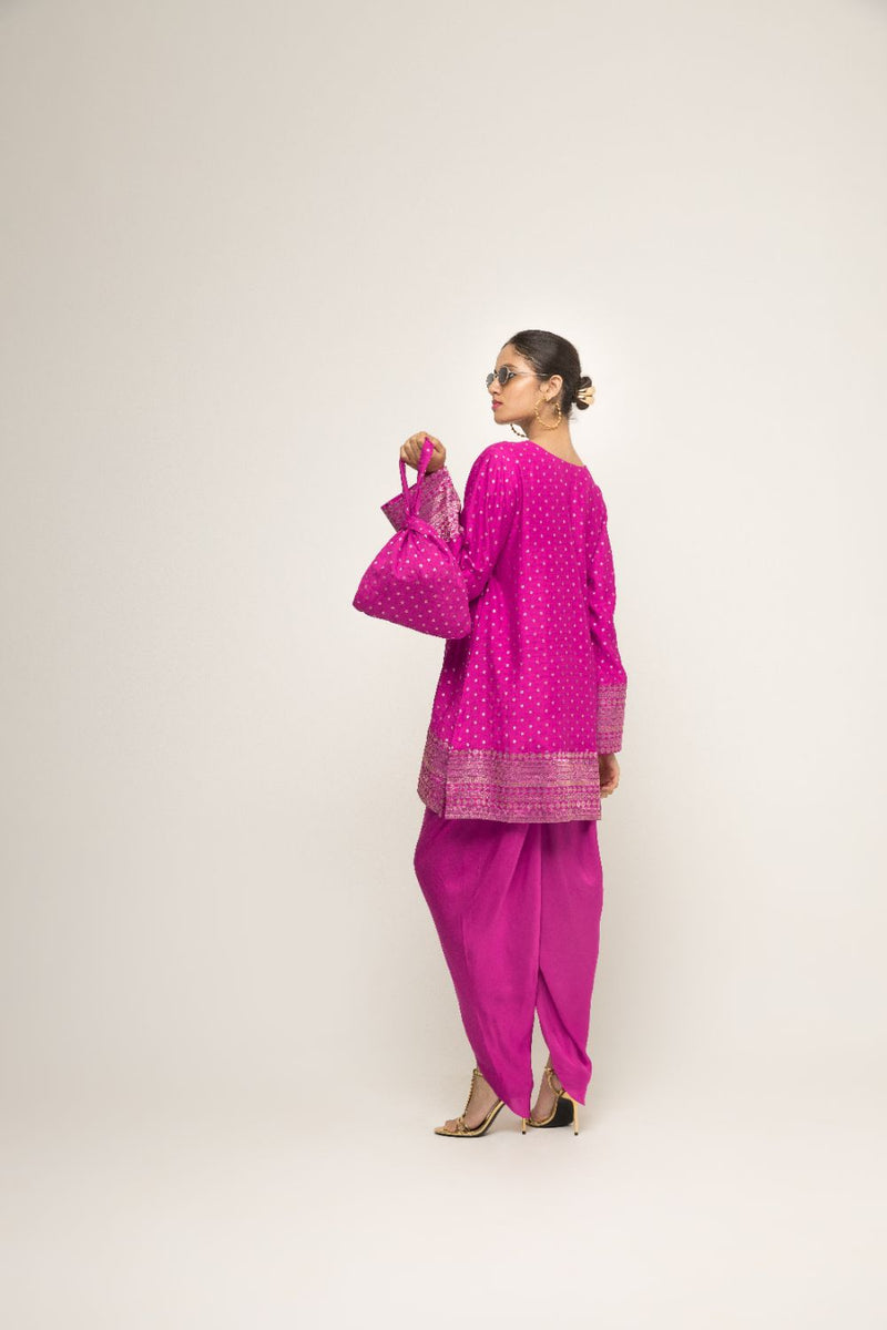 Tara- Dotted Brocade Detail Silk Kurta With Dhoti Set - Pink