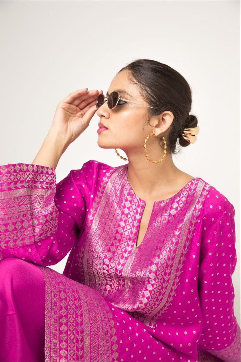 Tara- Dotted Brocade Detail Silk Kurta With Dhoti Set - Pink