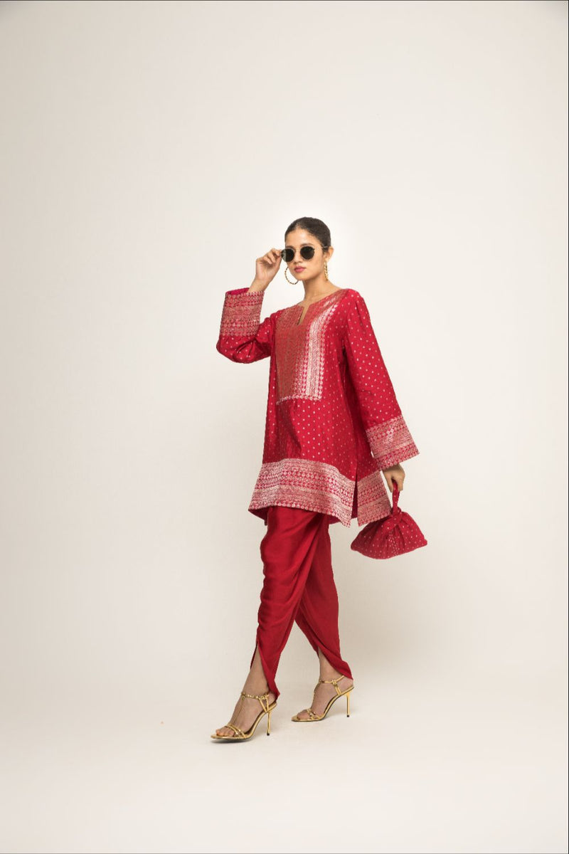 Tara- Dotted Brocade Detail Silk Kurta With Dhoti Set - Red