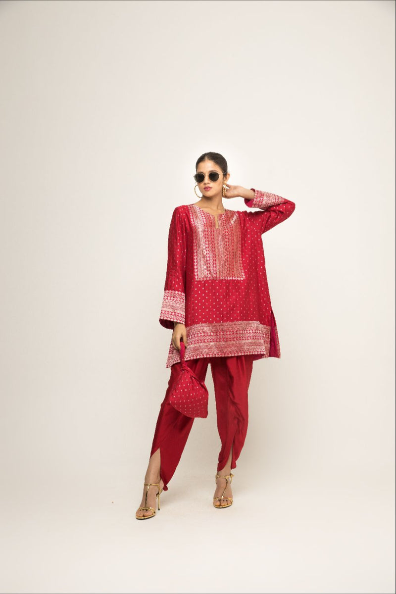 Tara- Dotted Brocade Detail Silk Kurta With Dhoti Set - Red