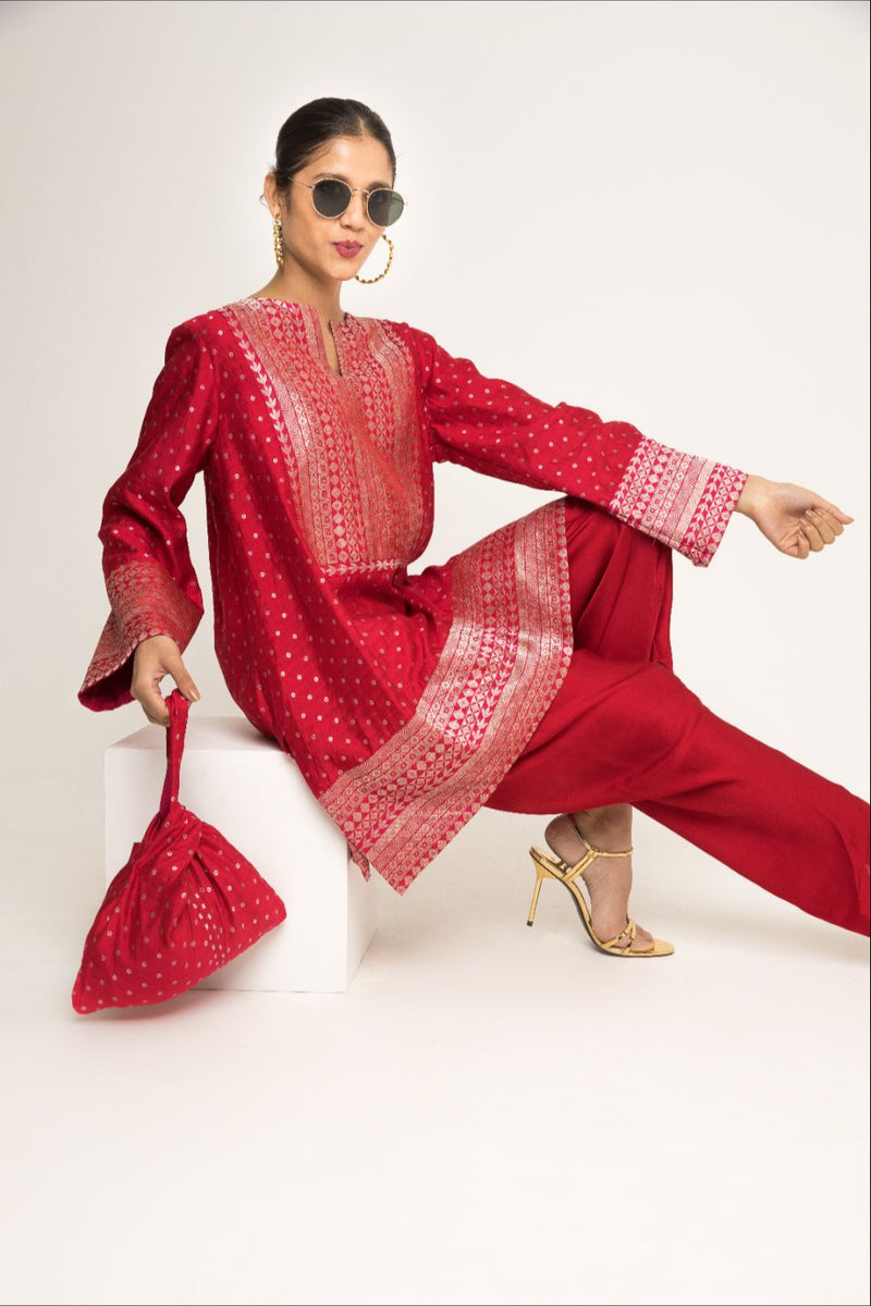 Tara- Dotted Brocade Detail Silk Kurta With Dhoti Set - Red