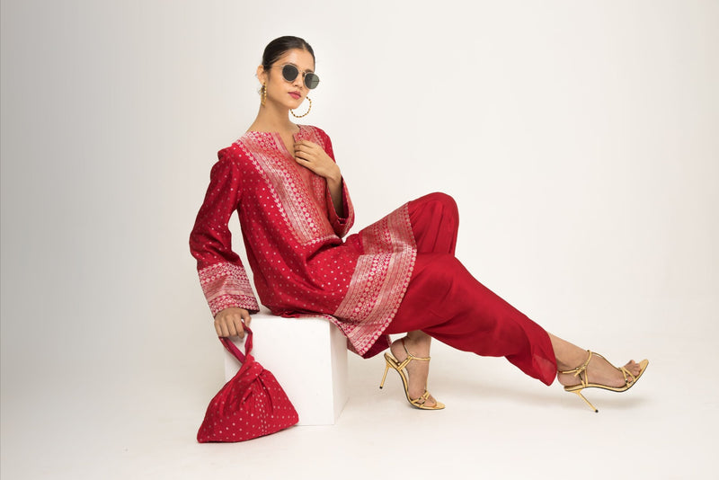 Tara- Dotted Brocade Detail Silk Kurta With Dhoti Set - Red