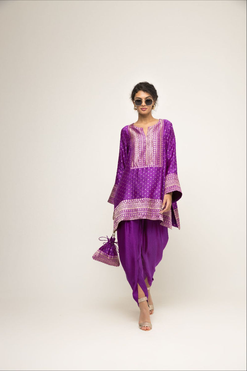 Tara- Dotted Brocade Detail Silk Kurta With Dhoti Set - Purple