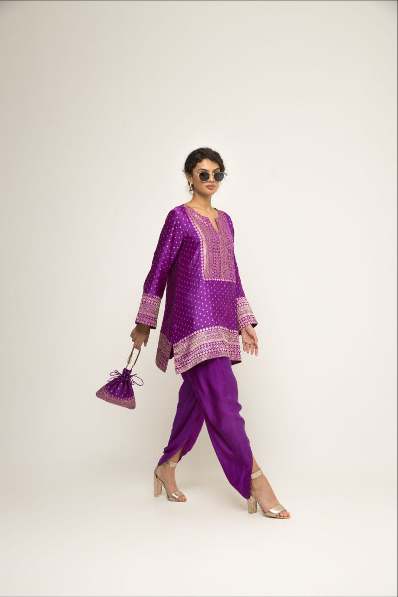 Tara- Dotted Brocade Detail Silk Kurta With Dhoti Set - Purple