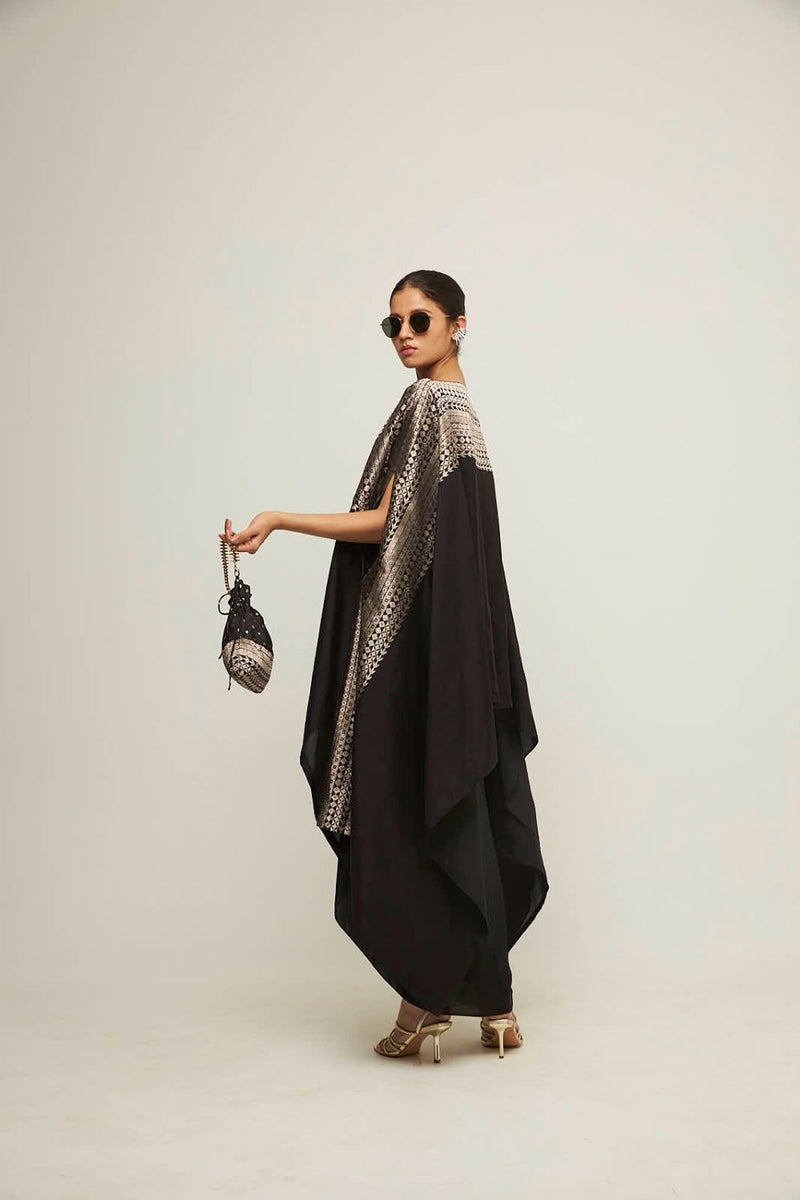 Devi-Statement Silk Cape With Broacade Detail And Skirt Set - Black