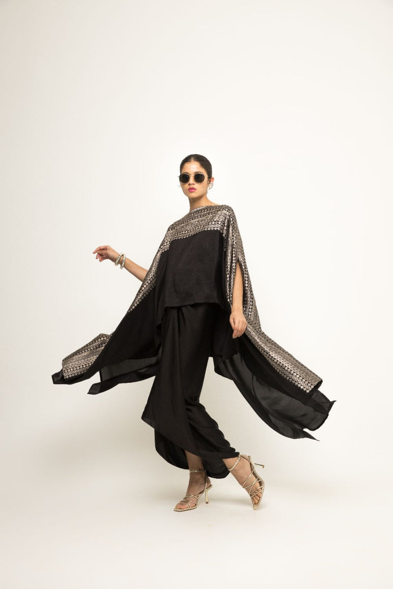 Devi-Statement Silk Cape With Broacade Detail And Skirt Set - Black