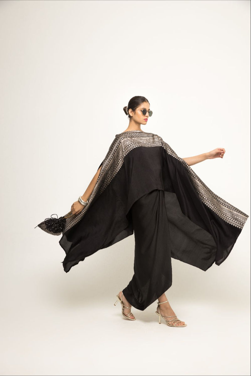 Devi-Statement Silk Cape With Broacade Detail And Skirt Set - Black