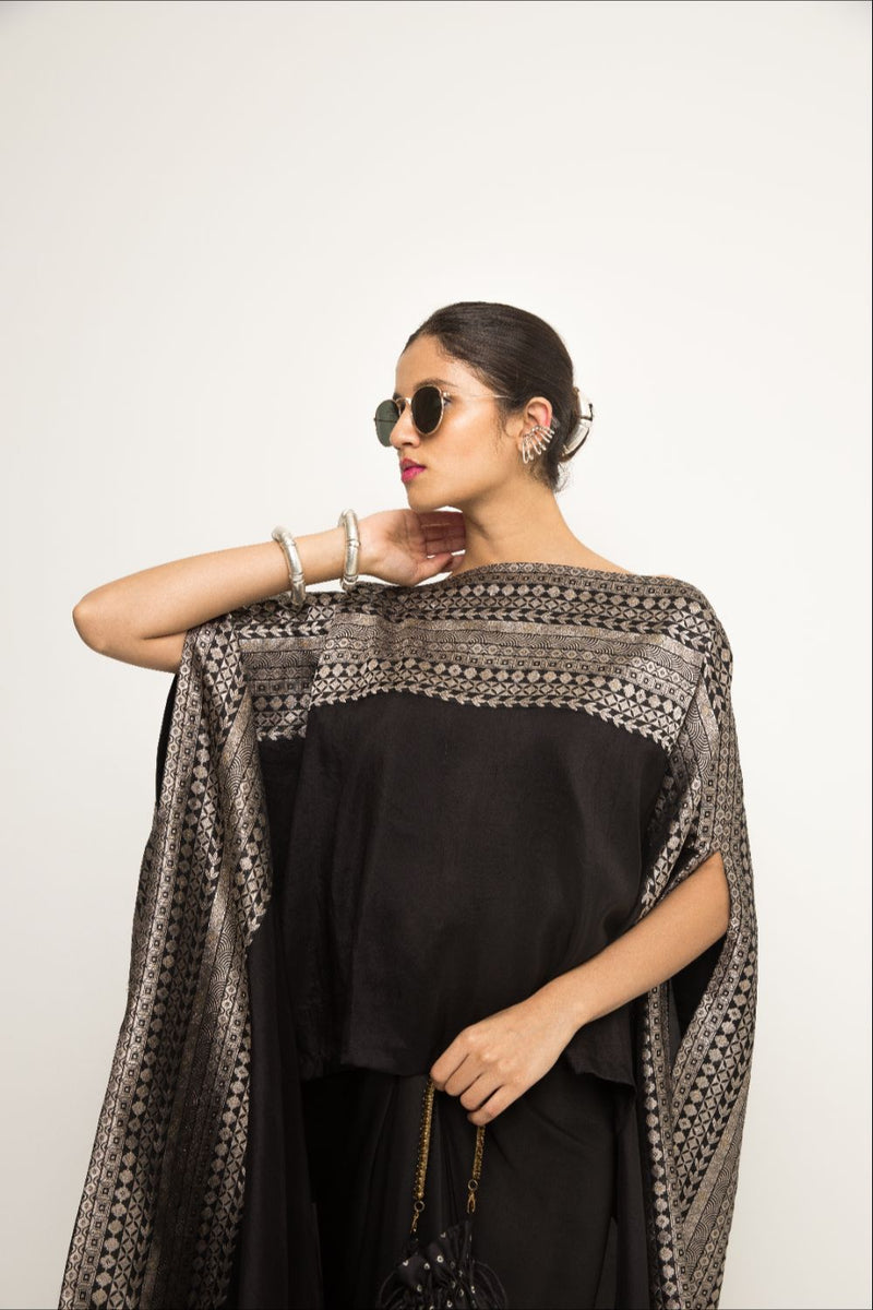Devi-Statement Silk Cape With Broacade Detail And Skirt Set - Black