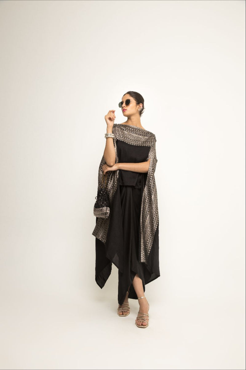 Devi-Statement Silk Cape With Broacade Detail And Skirt Set - Black