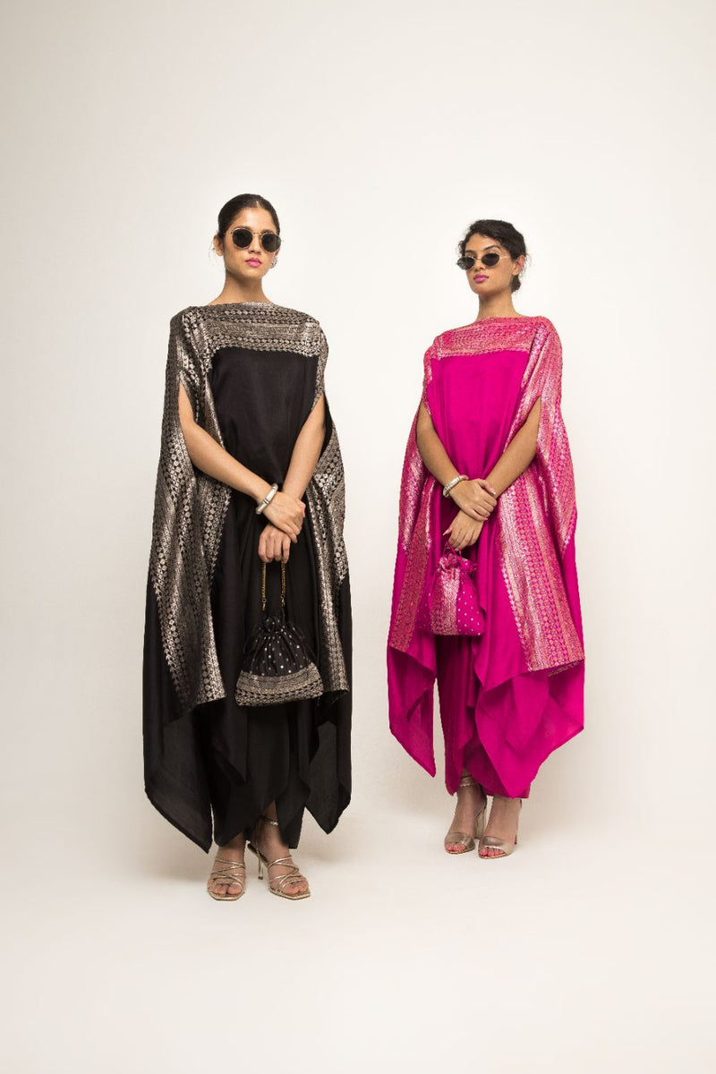Devi-Statement Silk Cape With Broacade Detail And Skirt Set - Black