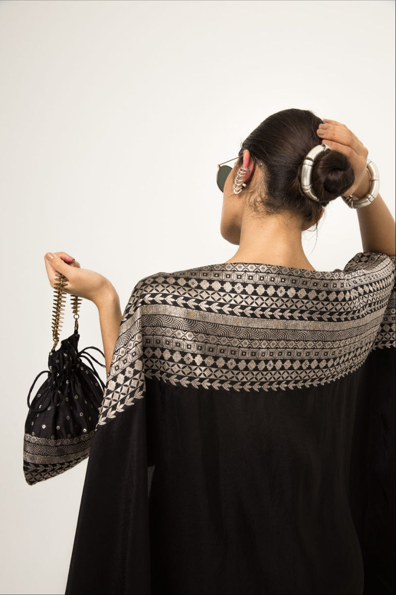 Devi-Statement Silk Cape With Broacade Detail And Skirt Set - Black