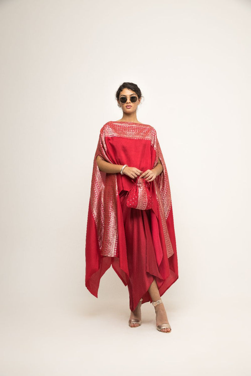 Devi-Statement Silk Cape With Broacade Detail And Skirt Set - Red