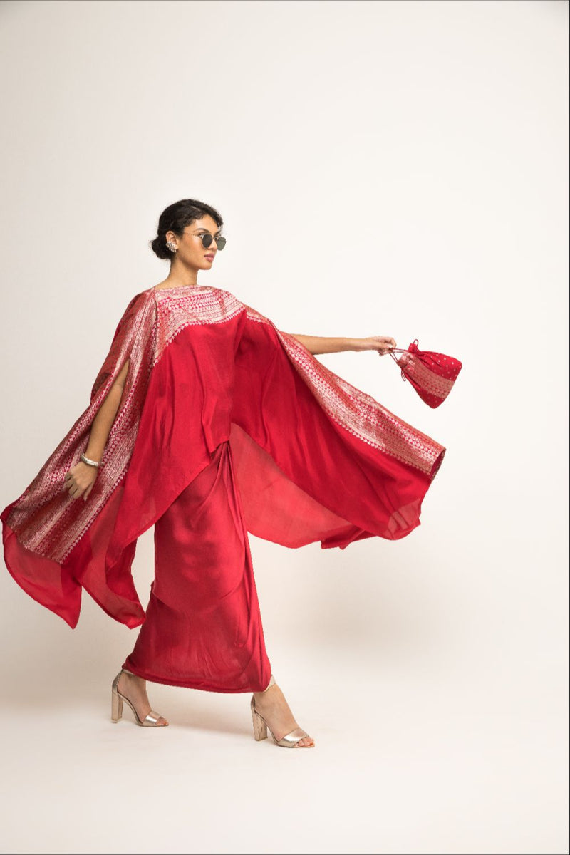 Devi-Statement Silk Cape With Broacade Detail And Skirt Set - Red