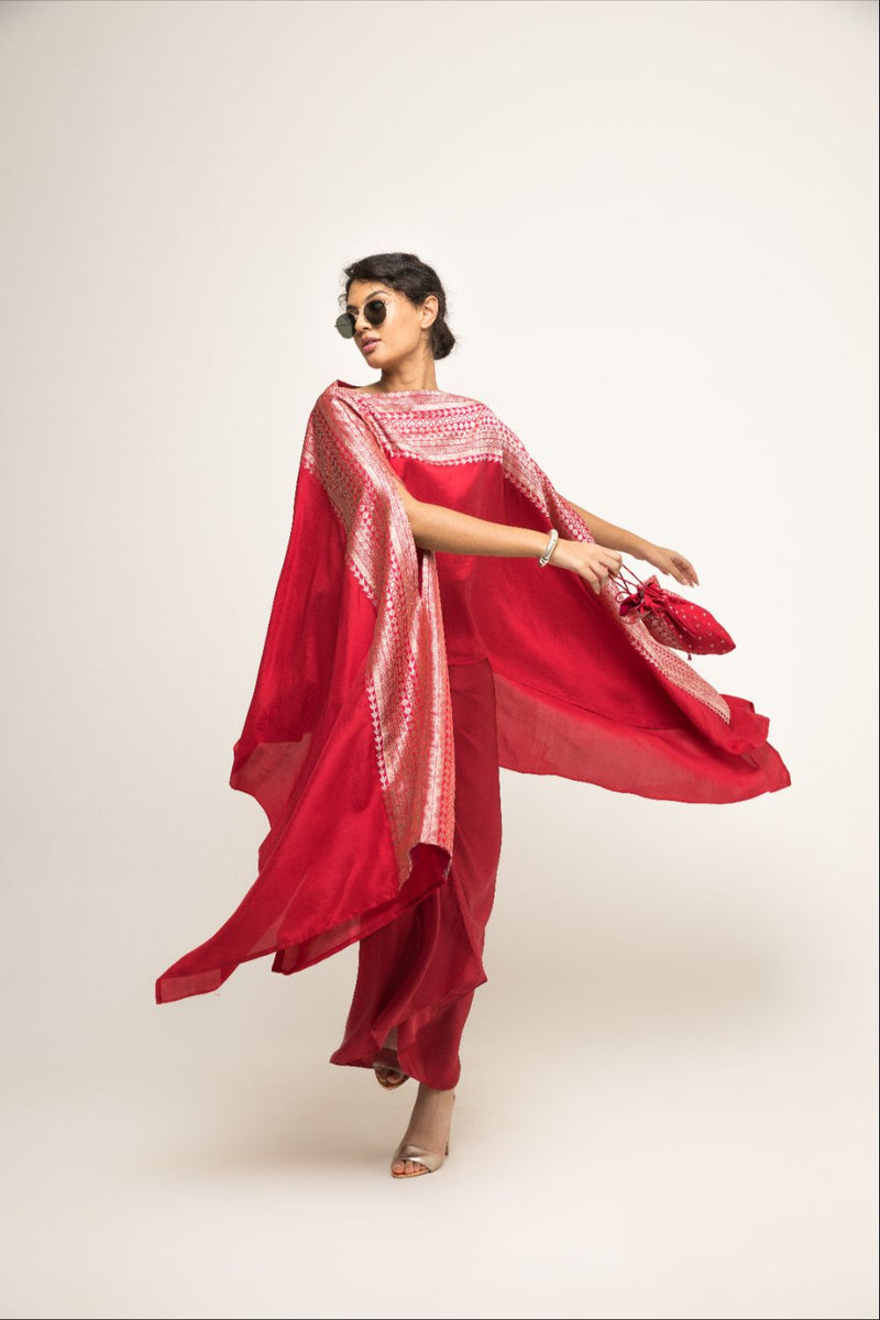 Devi-Statement Silk Cape With Broacade Detail And Skirt Set - Red
