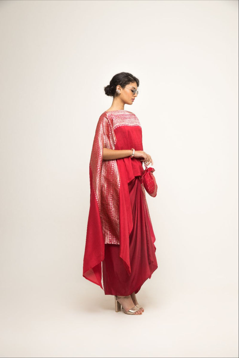Devi-Statement Silk Cape With Broacade Detail And Skirt Set - Red