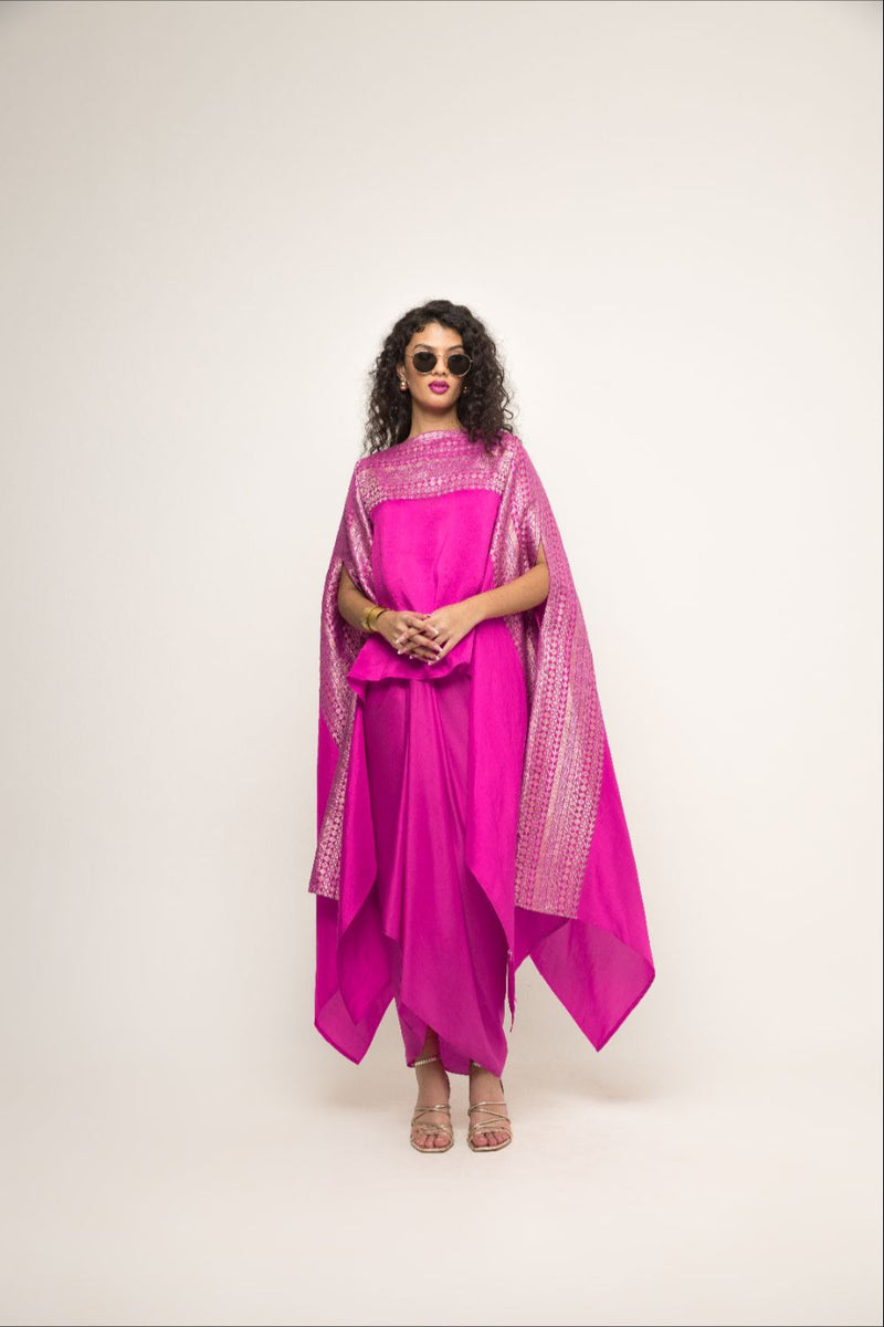 Devi-Statement Silk Cape With Broacade Detail And Skirt Set - Pink
