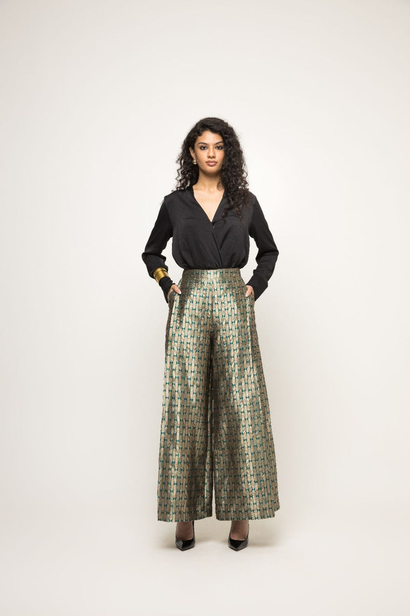 Statement Metallic Brocade Pant Set - Green Gold