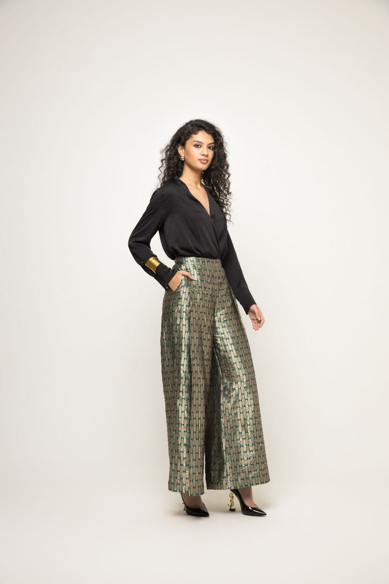 Statement Metallic Brocade Pant Set - Green Gold