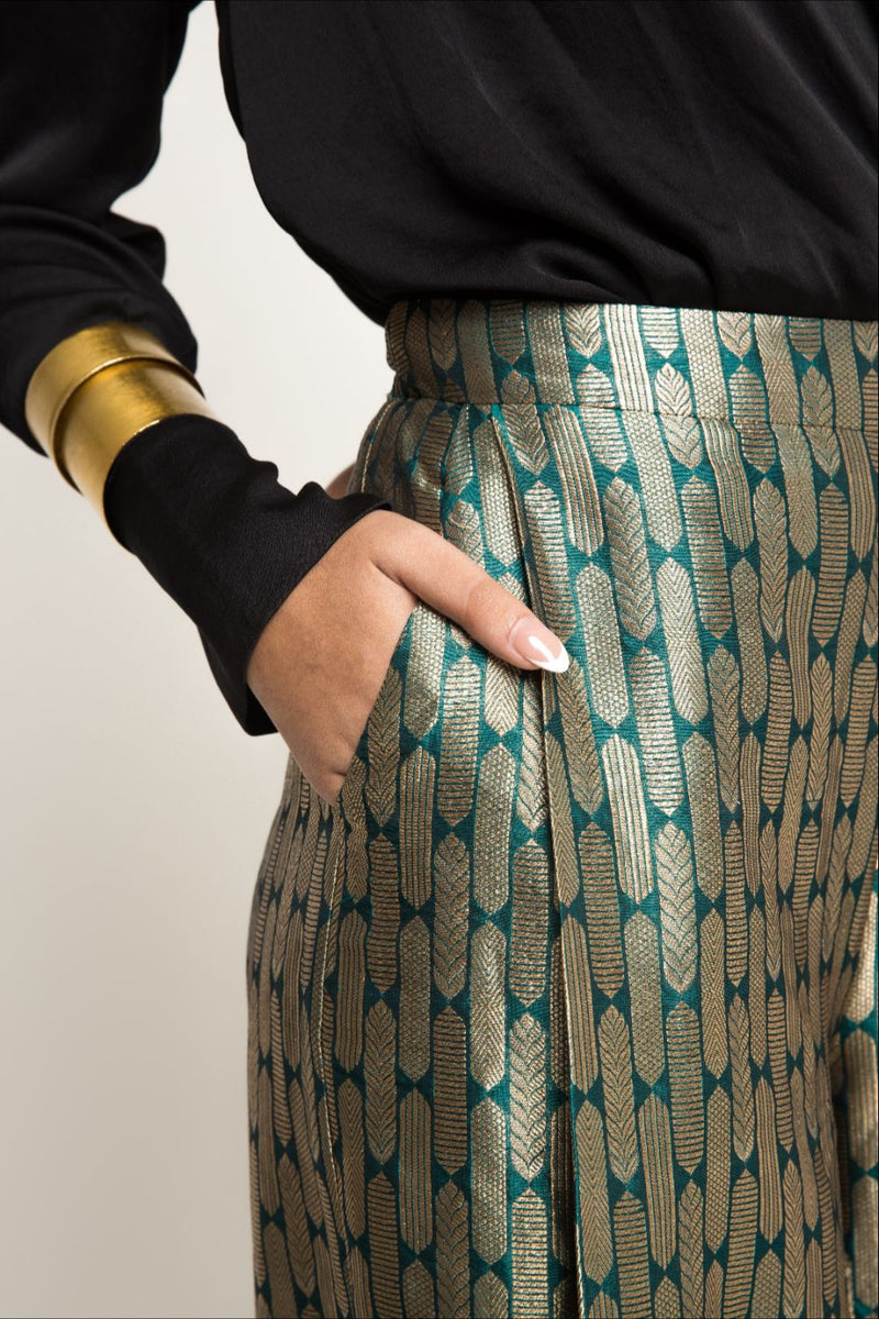 Statement Metallic Brocade Pant Set - Green Gold