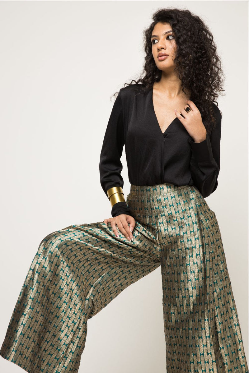 Statement Metallic Brocade Pant Set - Green Gold