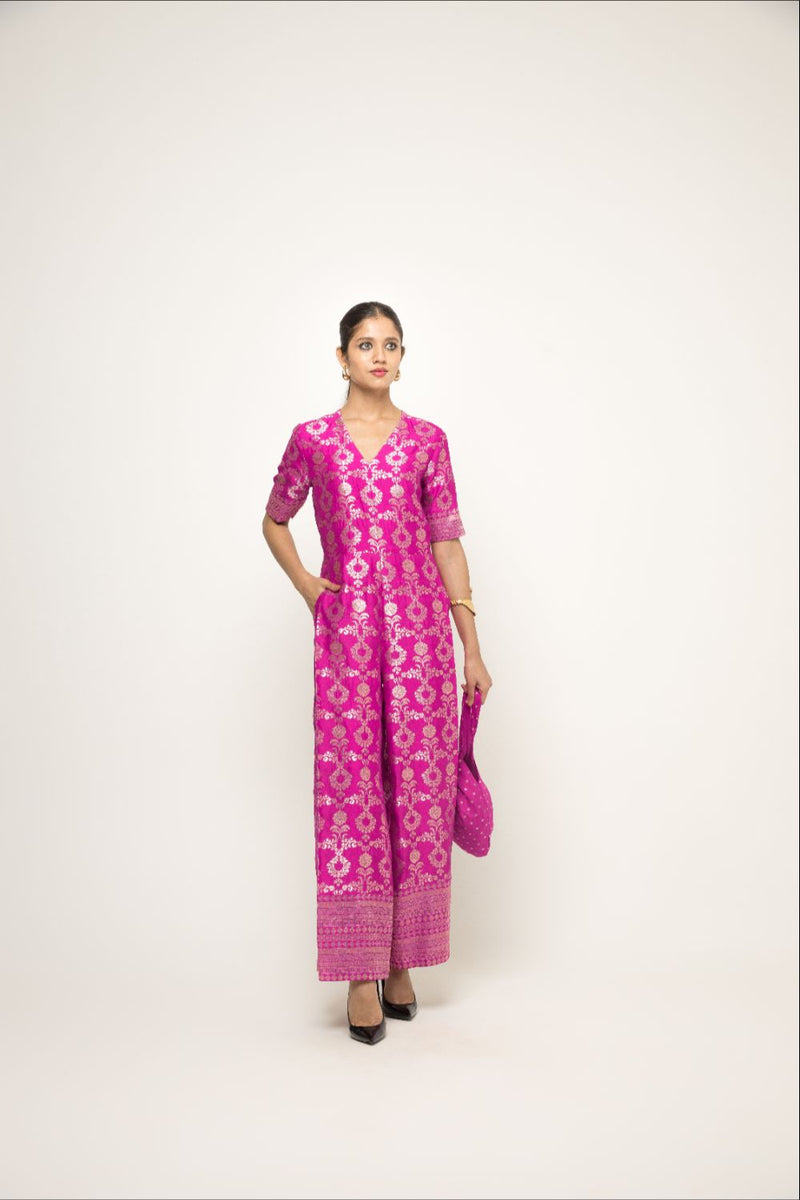 Maya- Statement Brocade Jumpsuit - Pink