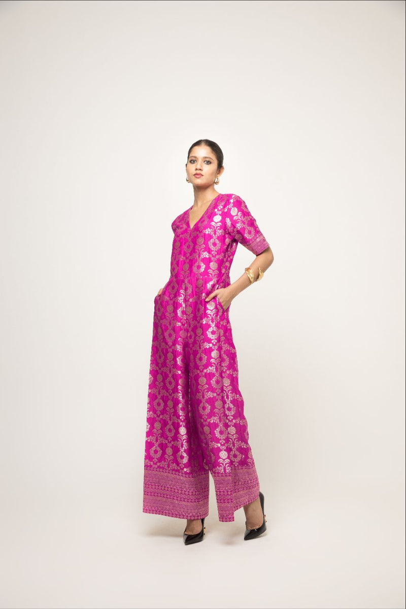 Maya- Statement Brocade Jumpsuit - Pink