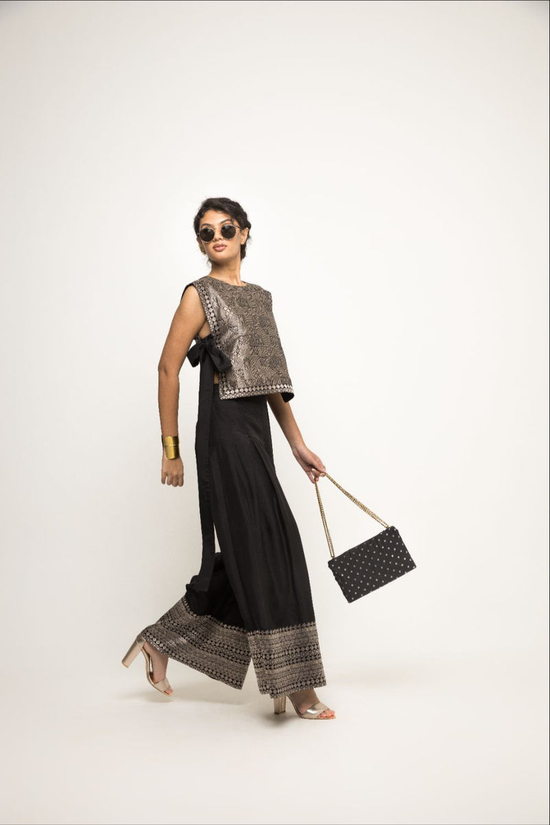 Joli- Metallic Brocade Bib With Pant Set - Black