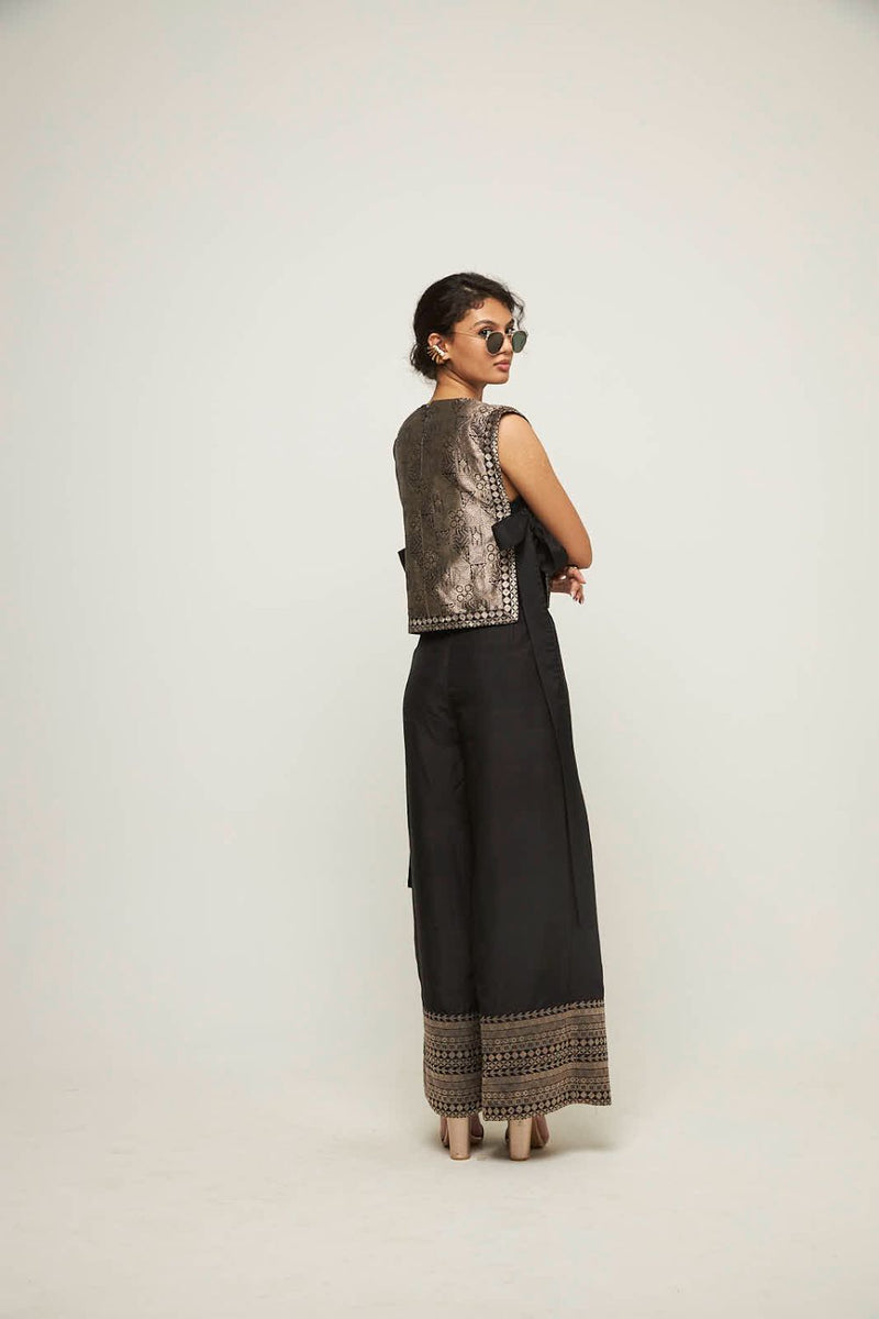 Joli- Metallic Brocade Bib With Pant Set - Black