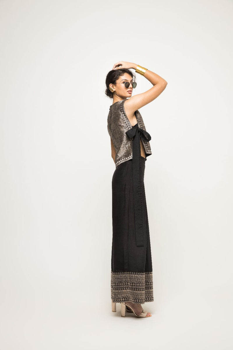 Joli- Metallic Brocade Bib With Pant Set - Black