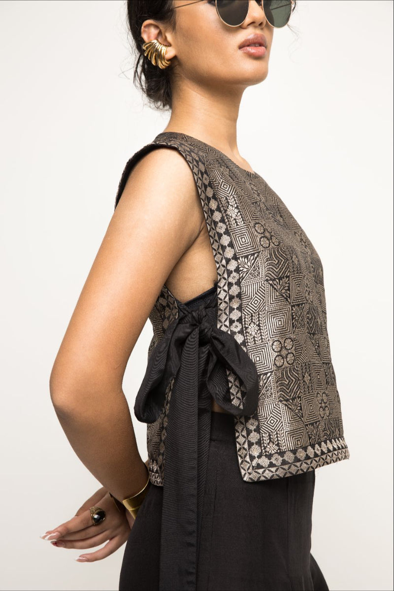 Joli- Metallic Brocade Bib With Pant Set - Black