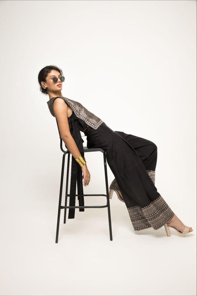 Joli- Metallic Brocade Bib With Pant Set - Black