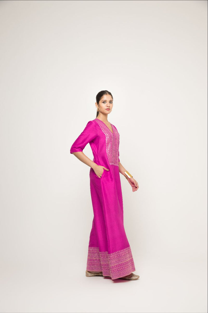 Sayra-Statement Silk Jumpsuit With Brocade Detail - Pink
