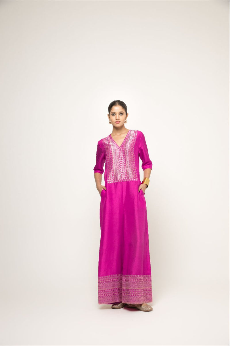 Sayra-Statement Silk Jumpsuit With Brocade Detail - Pink
