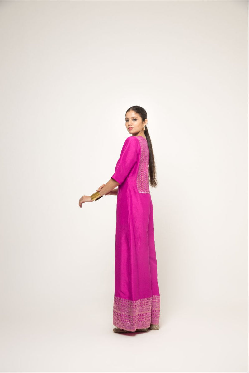 Sayra-Statement Silk Jumpsuit With Brocade Detail - Pink