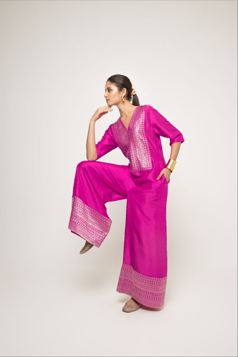 Sayra-Statement Silk Jumpsuit With Brocade Detail - Pink