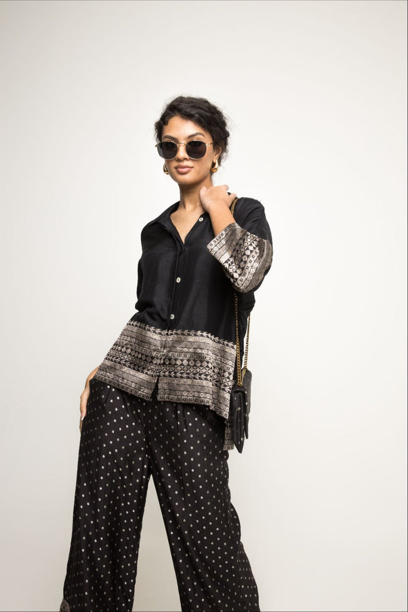 Jeha- Silk Shirt With Broacde Detail Paired With Statement Brocade Pants - Black