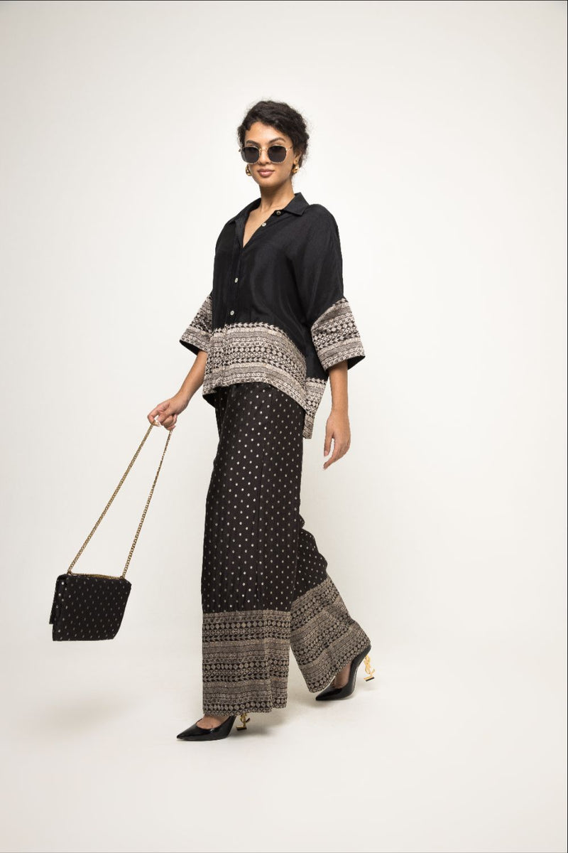 Jeha- Silk Shirt With Broacde Detail Paired With Statement Brocade Pants - Black