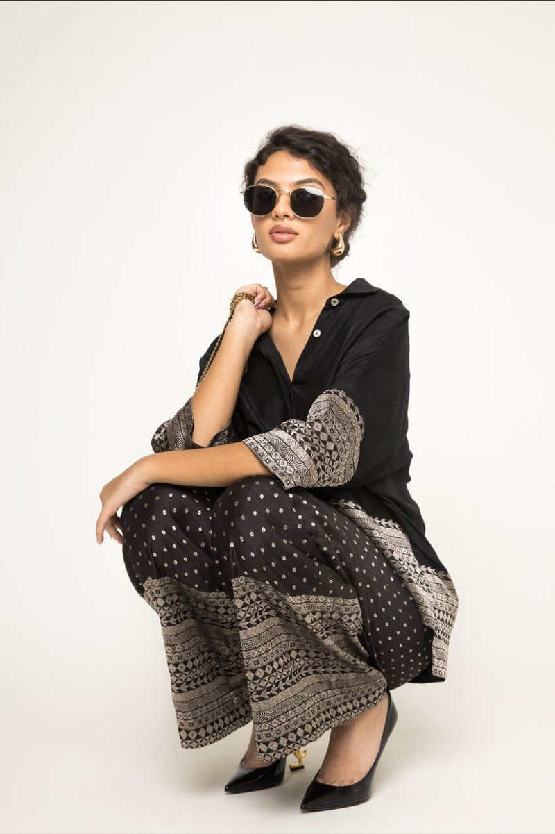 Jeha- Silk Shirt With Broacde Detail Paired With Statement Brocade Pants - Black