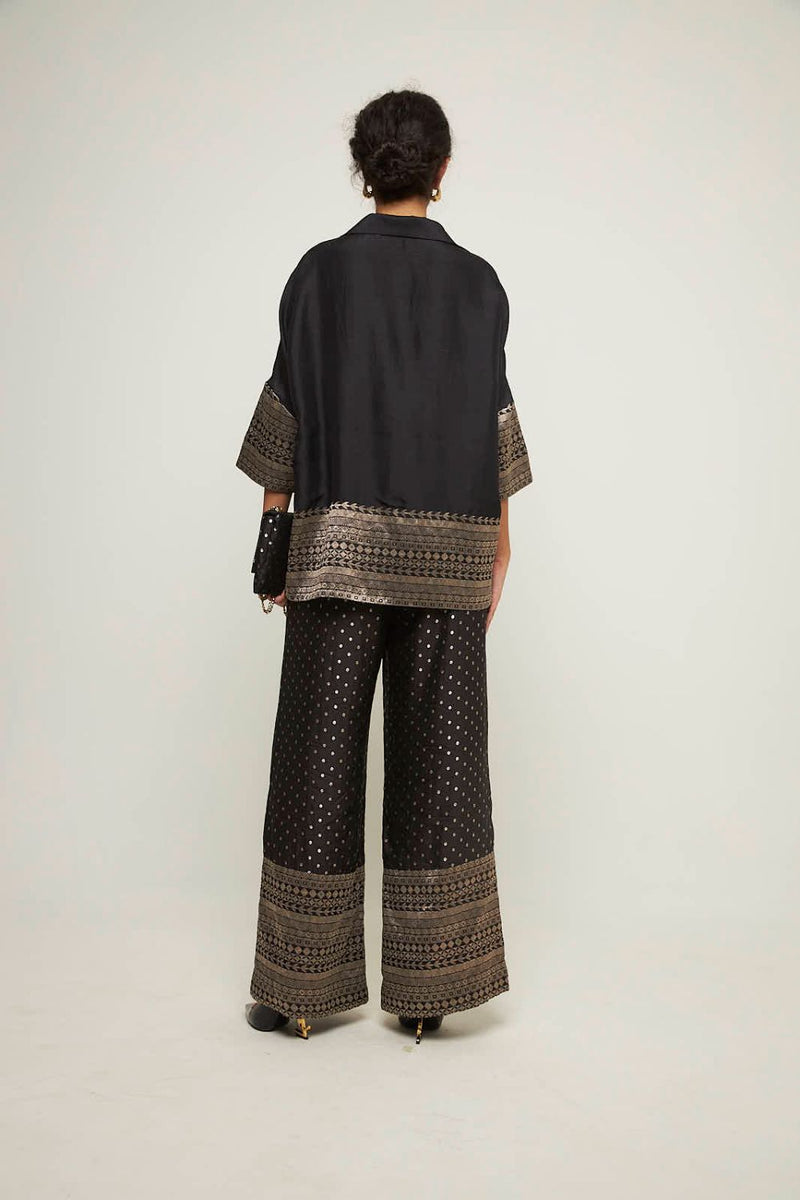 Jeha- Silk Shirt With Broacde Detail Paired With Statement Brocade Pants - Black